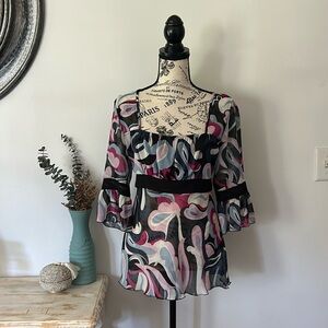 Vintage Y2K Studio 1940 Groovy Print Semi Sheer Baby Doll Top Women's size S